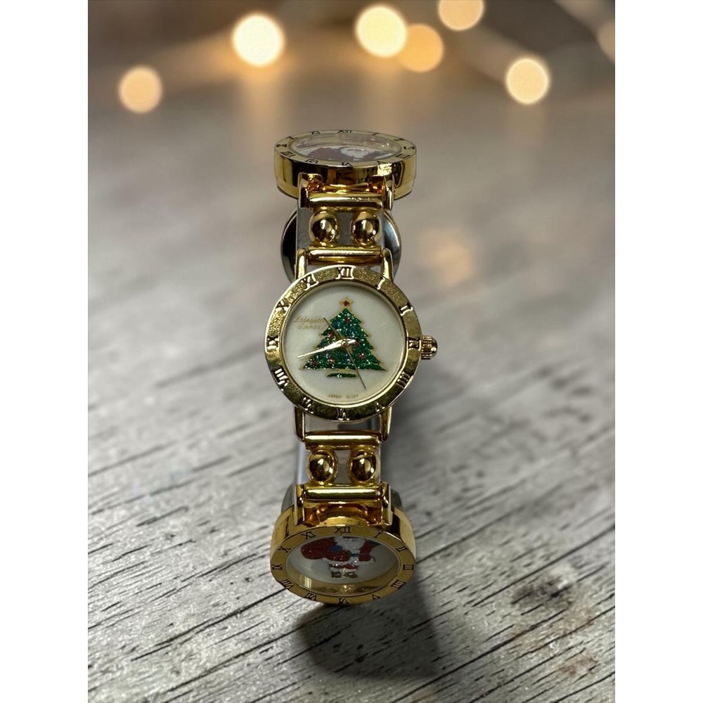 Vintage Lafayette Santa And Christmas Tree Watch Bracelet Gold Tone New Battery - Picture 1 of 7